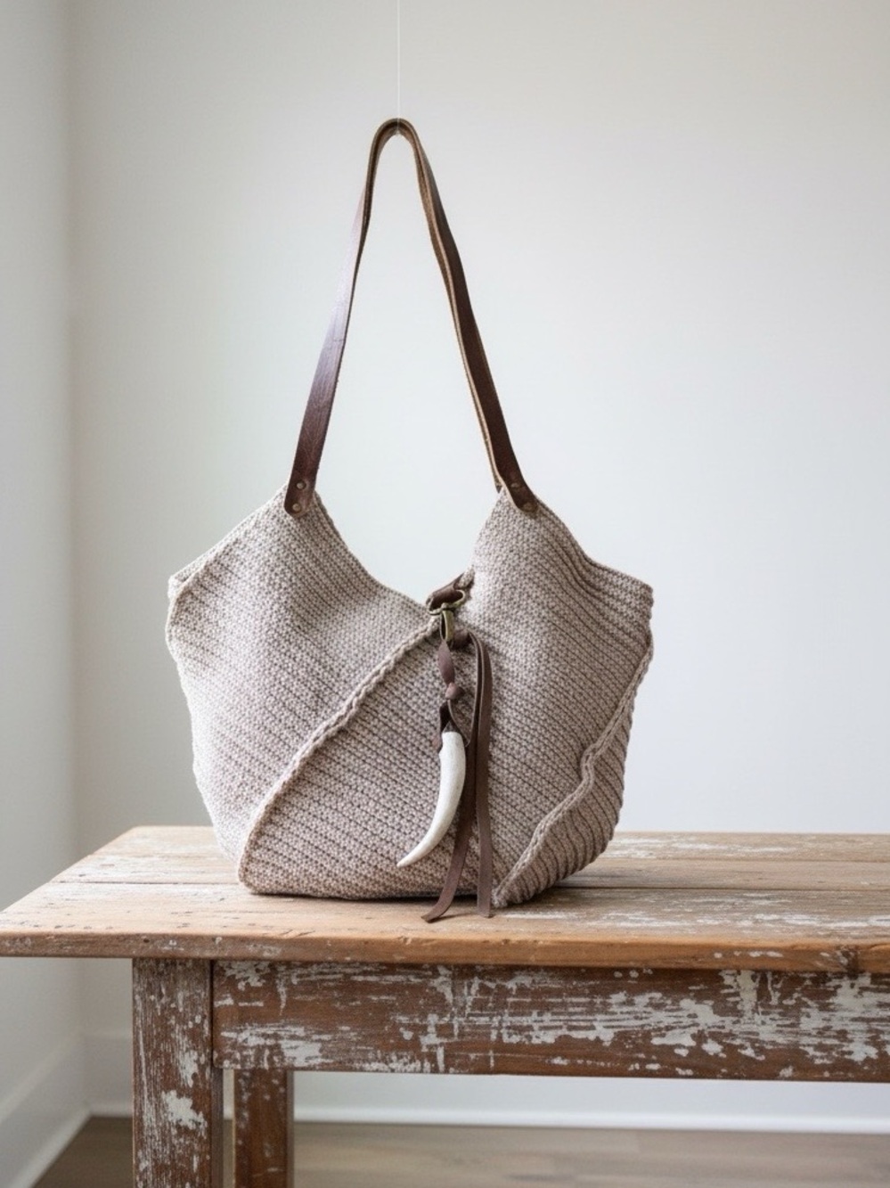 Taupe Cotton Crochet Windmill Bag Leather Straps Genuine Deer Antler Charm